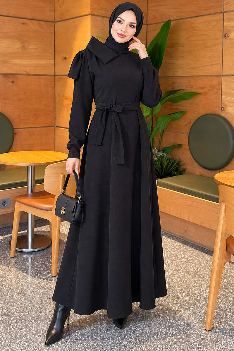 Evening Dress with Contrast Collar - Black