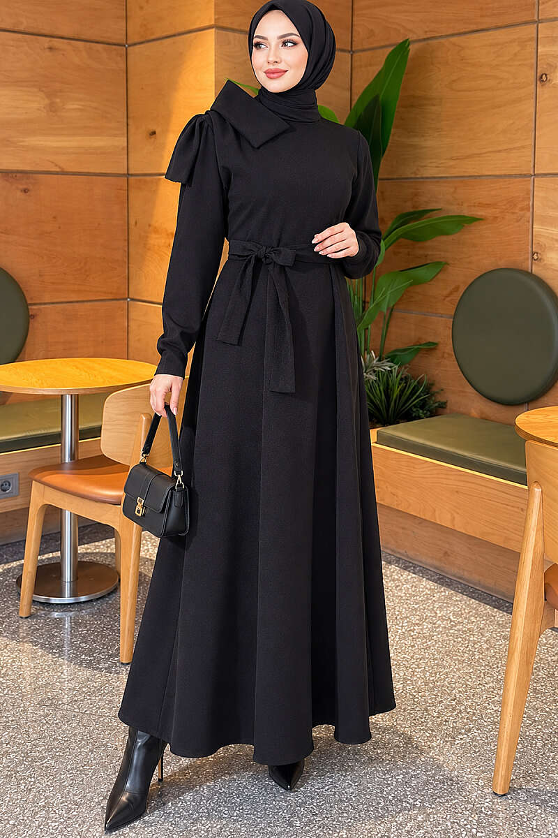 Evening Dress with Contrast Collar - Black