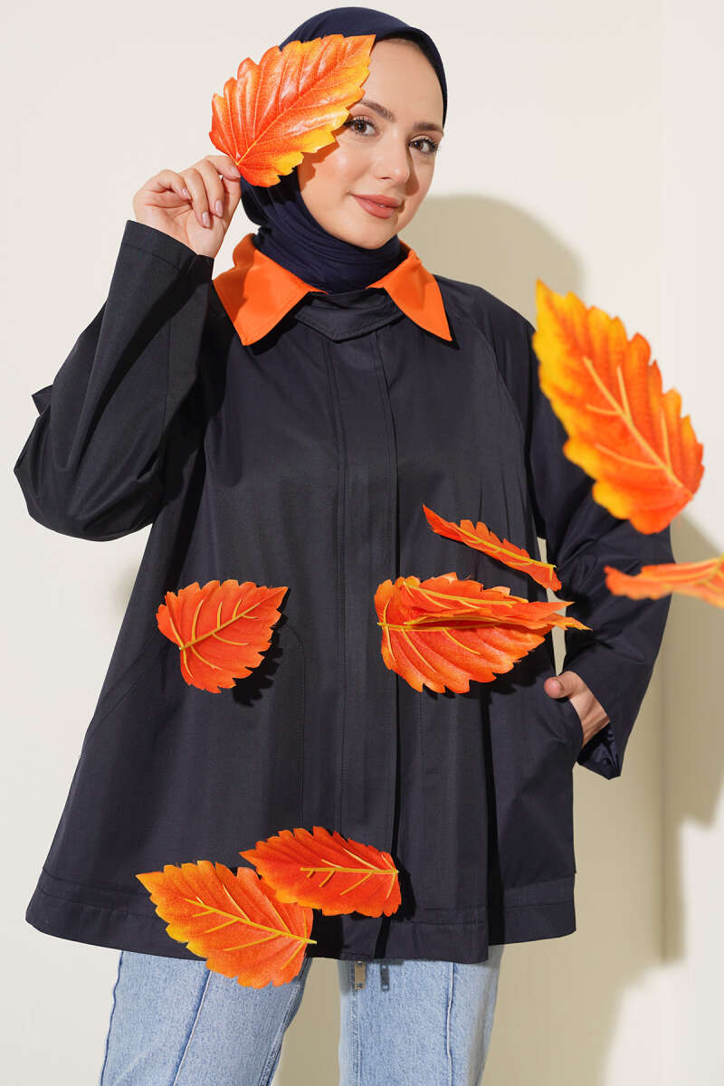 Zip-Up Jacket with Collar Tab - Navy