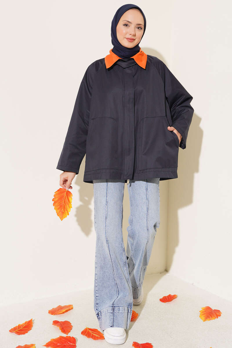 Zip-Up Jacket with Collar Tab - Navy