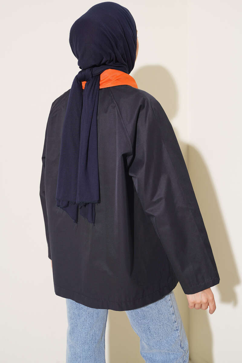 Zip-Up Jacket with Collar Tab - Navy