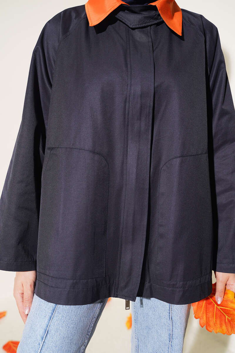 Zip-Up Jacket with Collar Tab - Navy