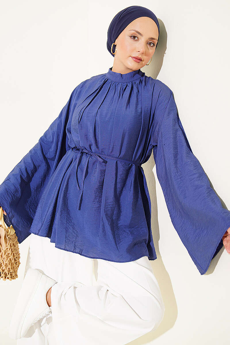 Loose Tunic with Pleated Collar and Cord Belt - Indigo