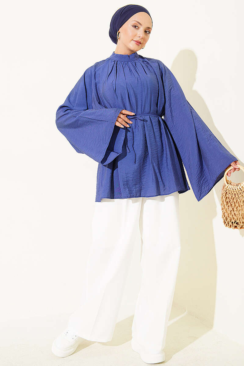 Loose Tunic with Pleated Collar and Cord Belt - Indigo
