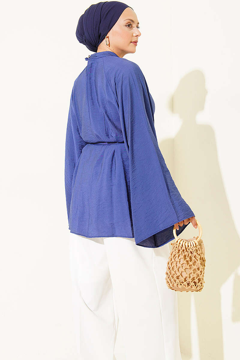 Loose Tunic with Pleated Collar and Cord Belt - Indigo