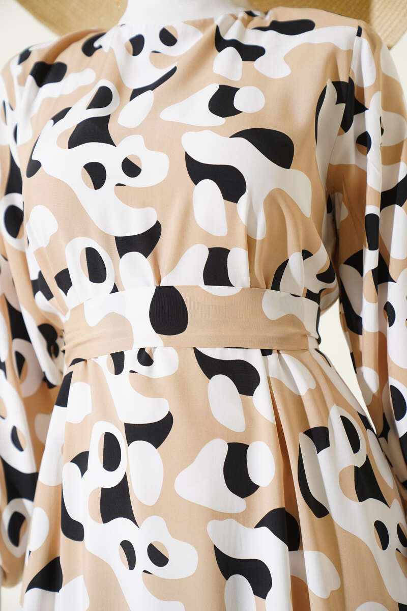 Printed Dress with Ribbed Collar - Beige