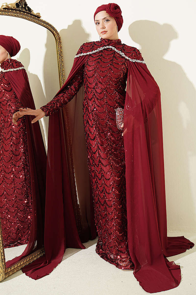 Evening Dress with Cape and Embellished Collar - Burgundy