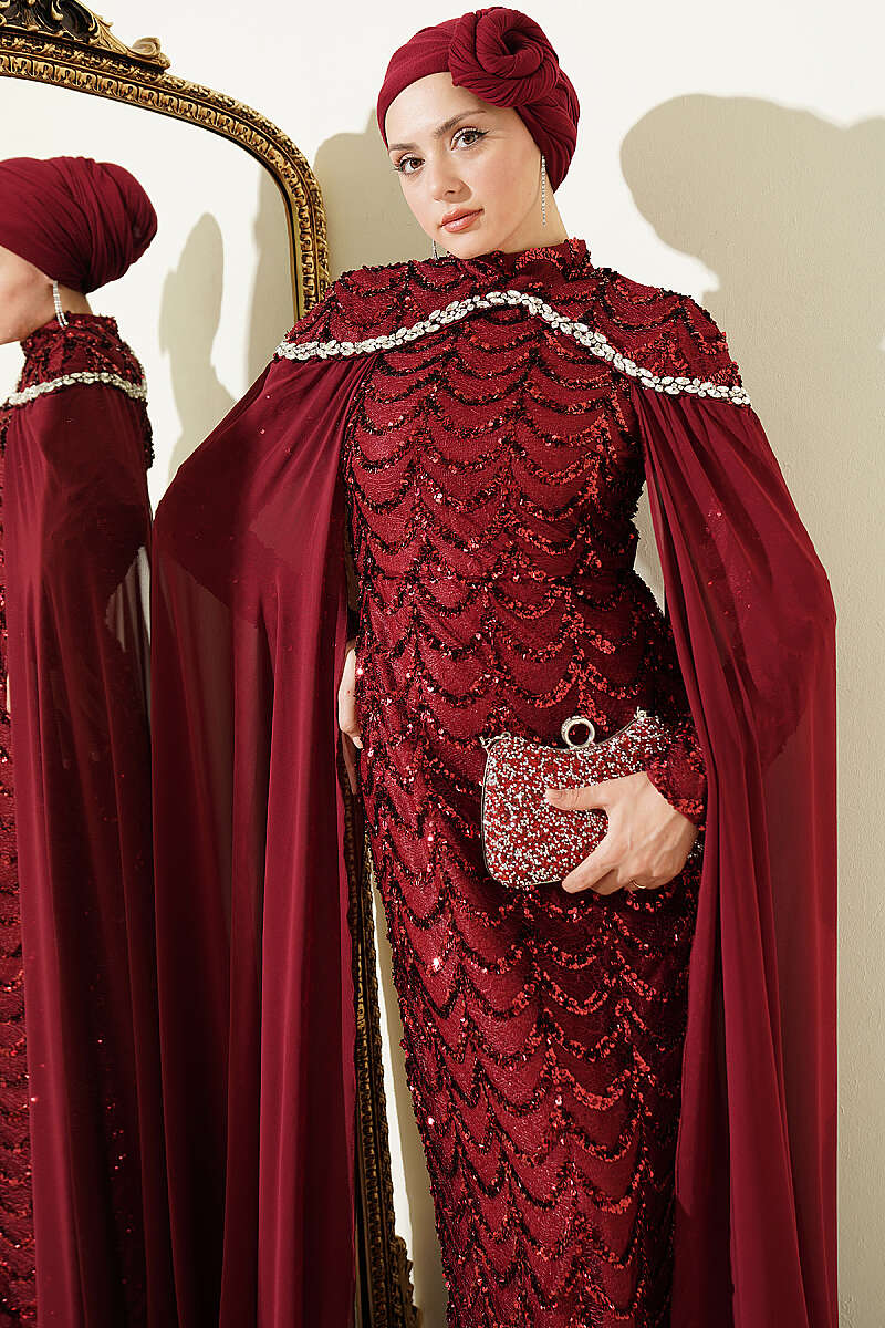 Evening Dress with Cape and Embellished Collar - Burgundy