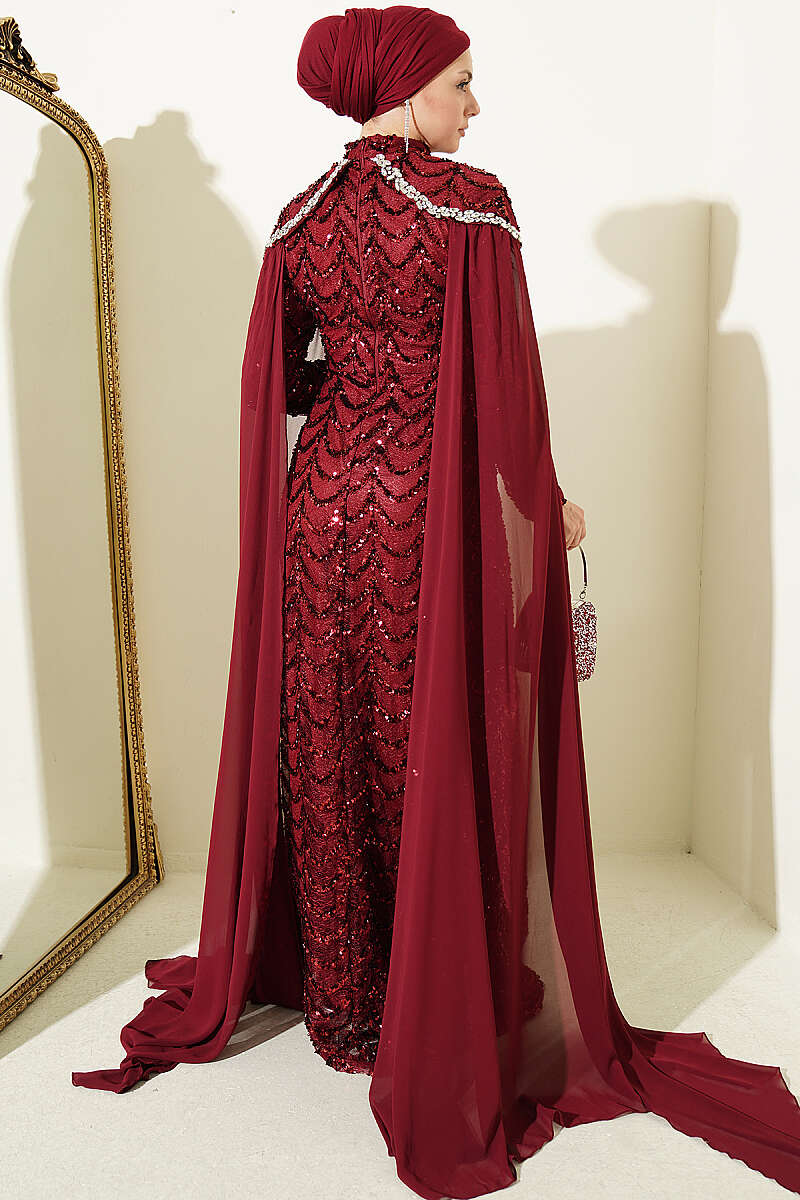 Evening Dress with Cape and Embellished Collar - Burgundy