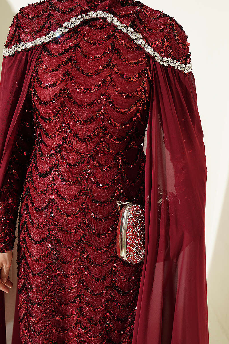 Evening Dress with Cape and Embellished Collar - Burgundy