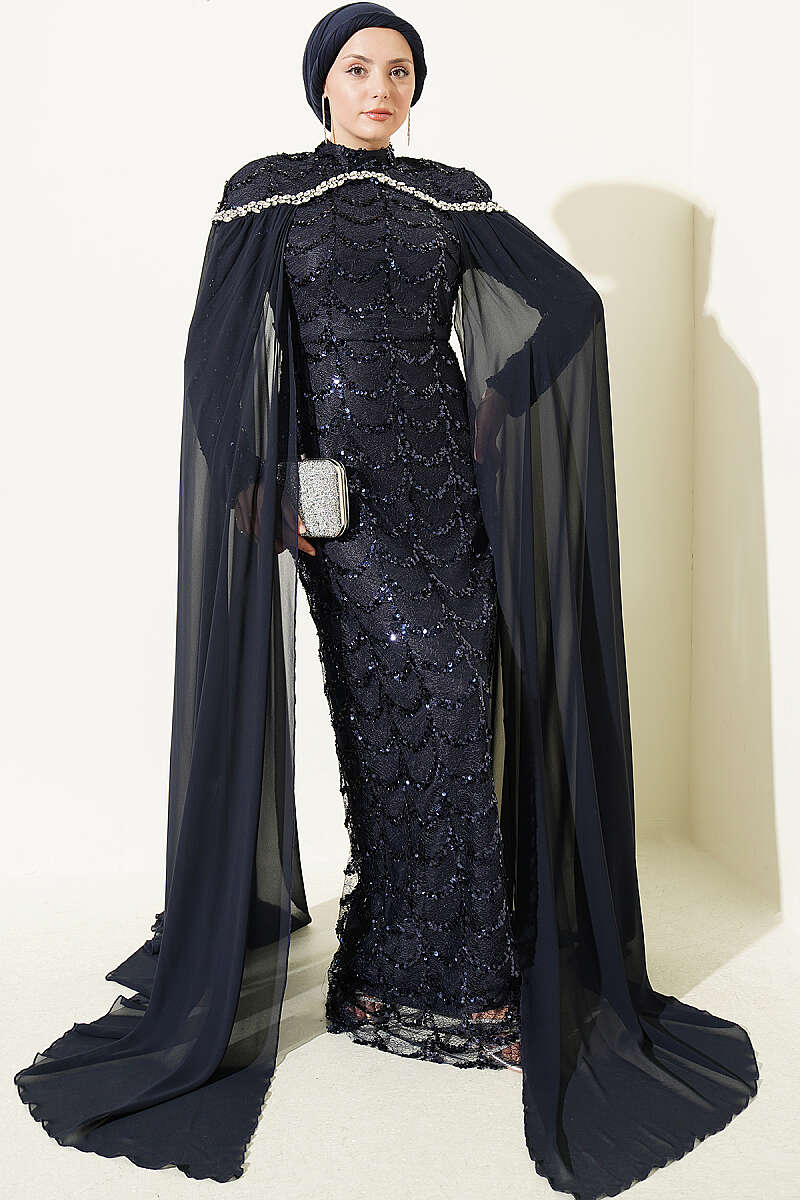 Evening Dress with Cape and Embellished Collar - Navy