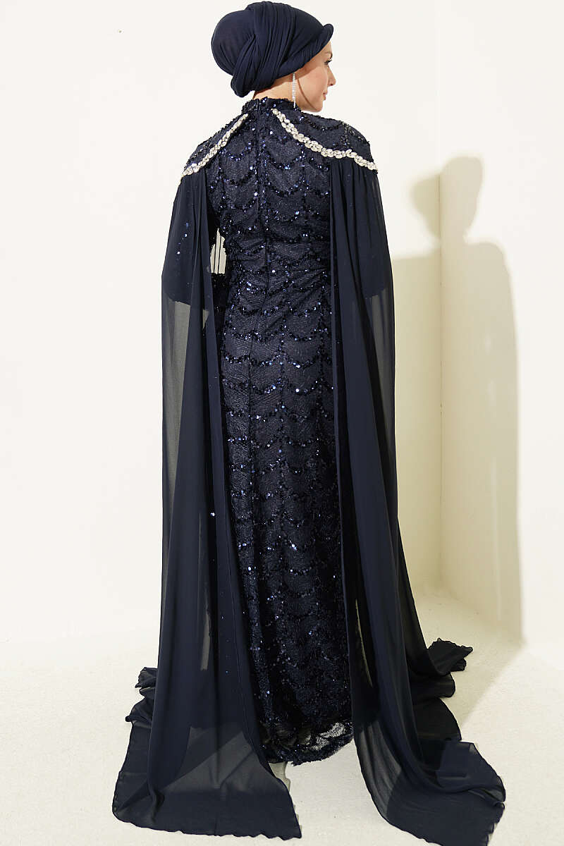 Evening Dress with Cape and Embellished Collar - Navy