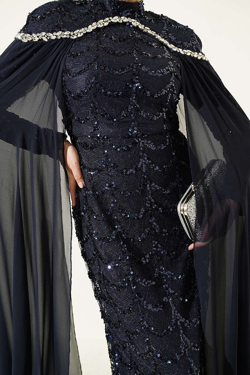 Evening Dress with Cape and Embellished Collar - Navy