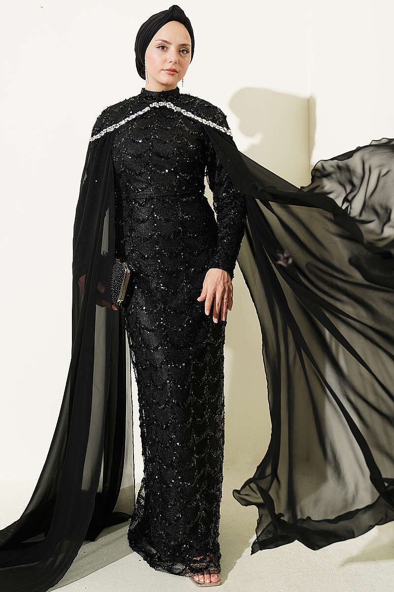 Evening Dress with Cape and Embellished Collar - Black