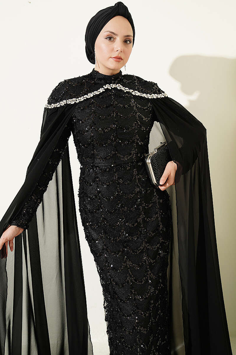 Evening Dress with Cape and Embellished Collar - Black