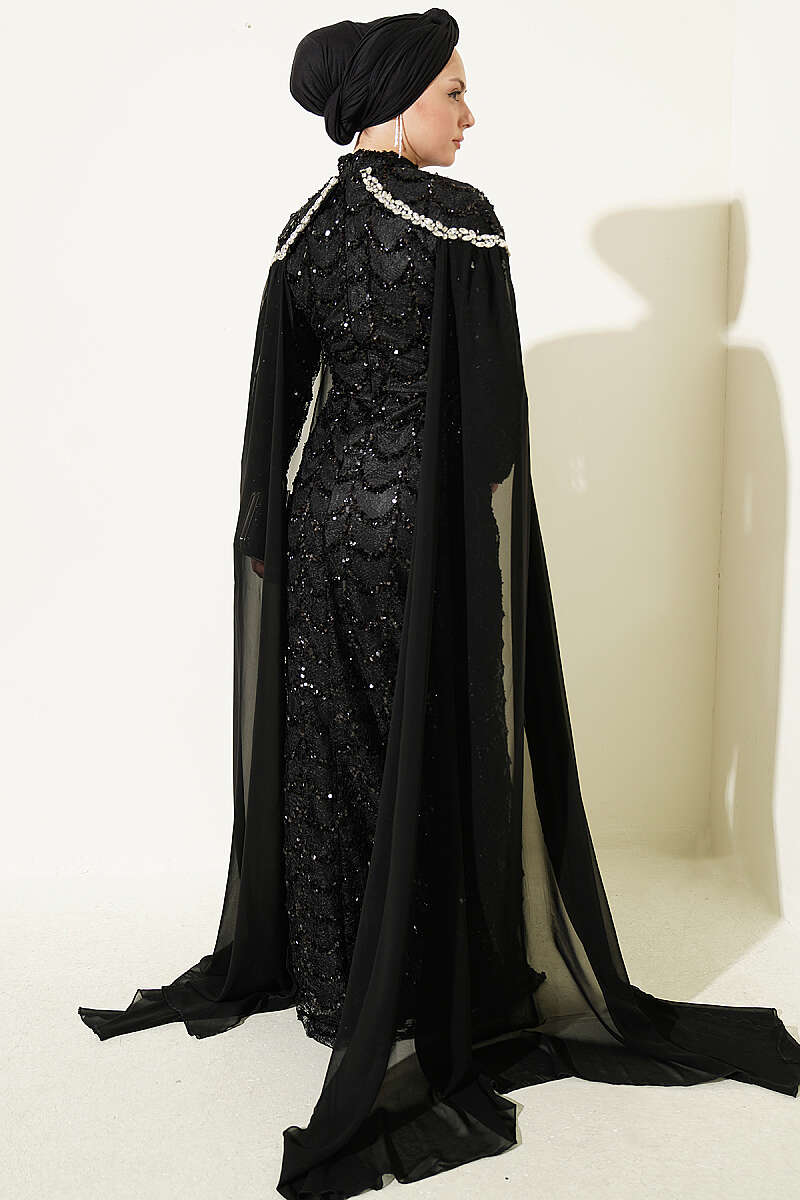 Evening Dress with Cape and Embellished Collar - Black