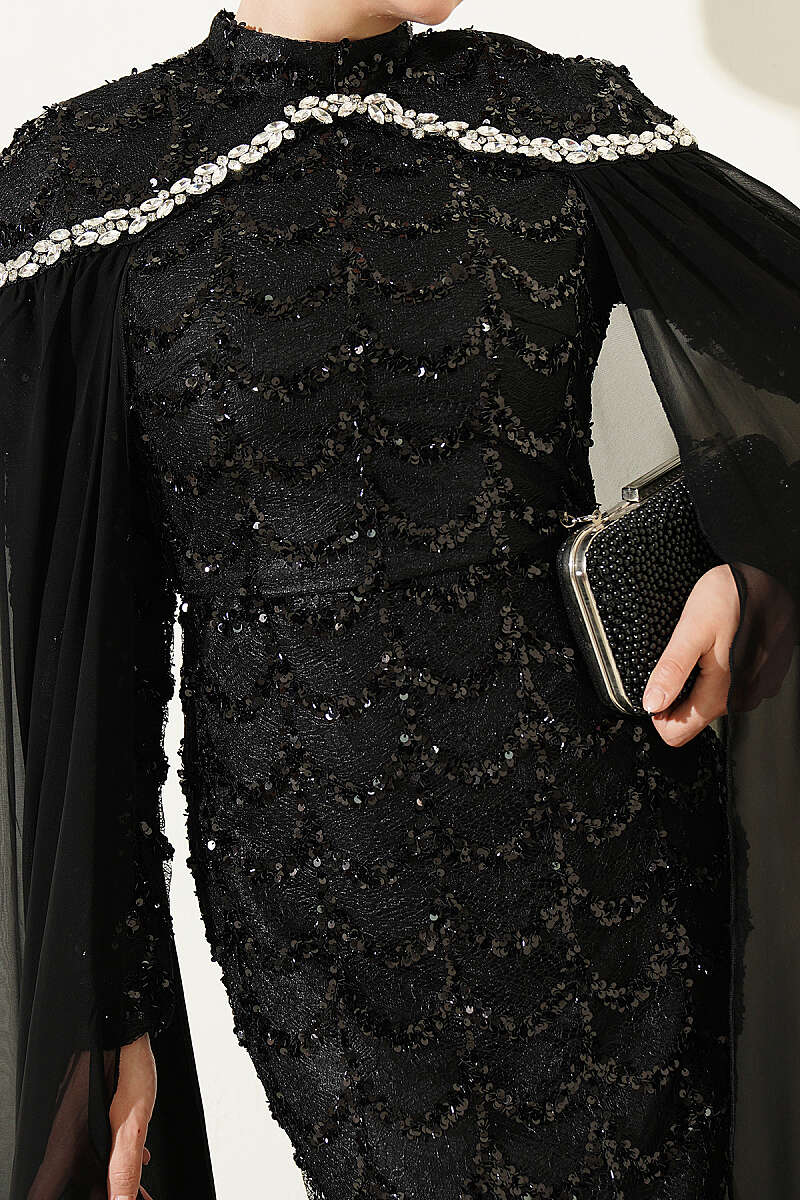 Evening Dress with Cape and Embellished Collar - Black