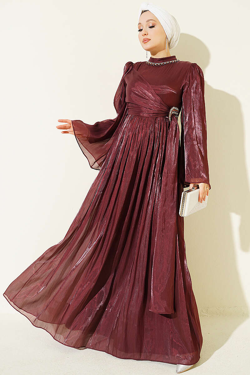 Chiffon Dress with Embellished Collar - Burgundy