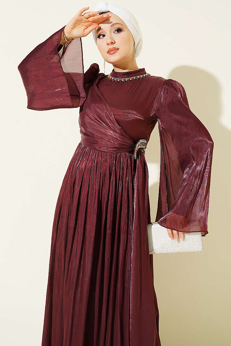 Chiffon Dress with Embellished Collar - Burgundy