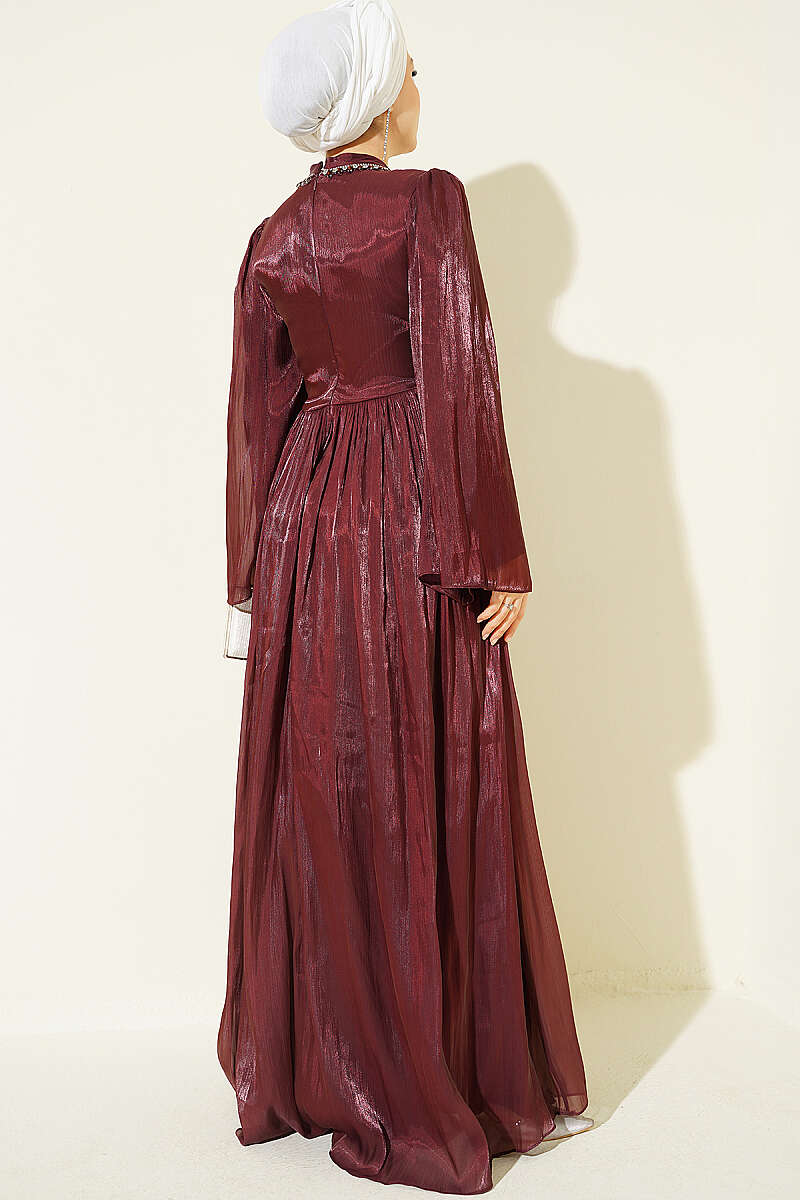 Chiffon Dress with Embellished Collar - Burgundy