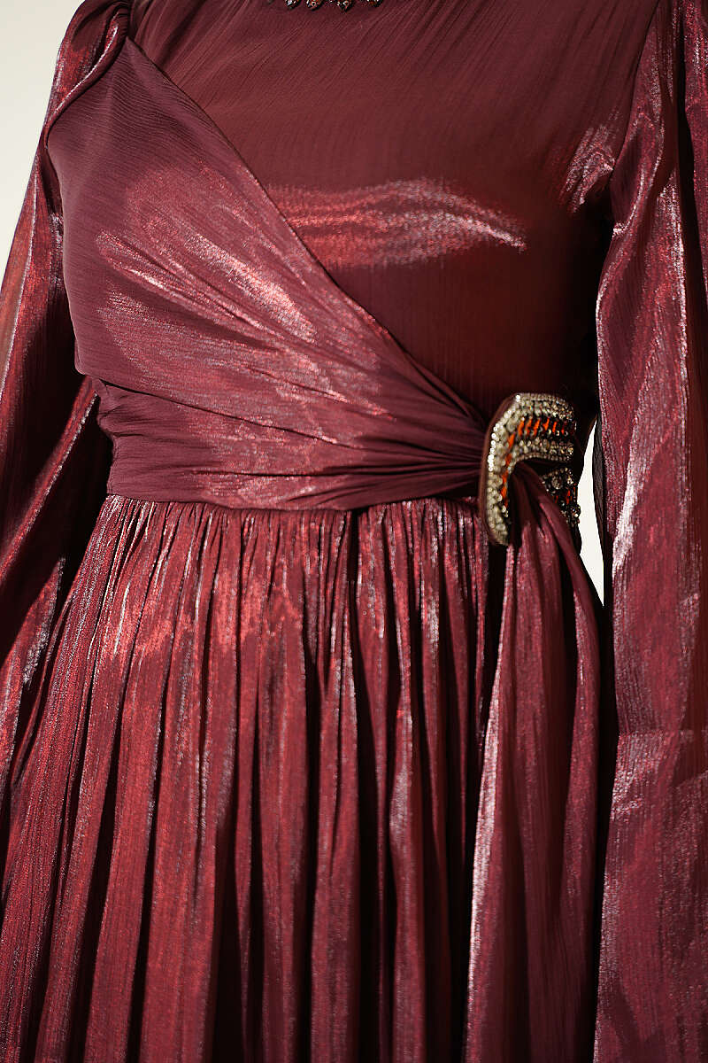 Chiffon Dress with Embellished Collar - Burgundy