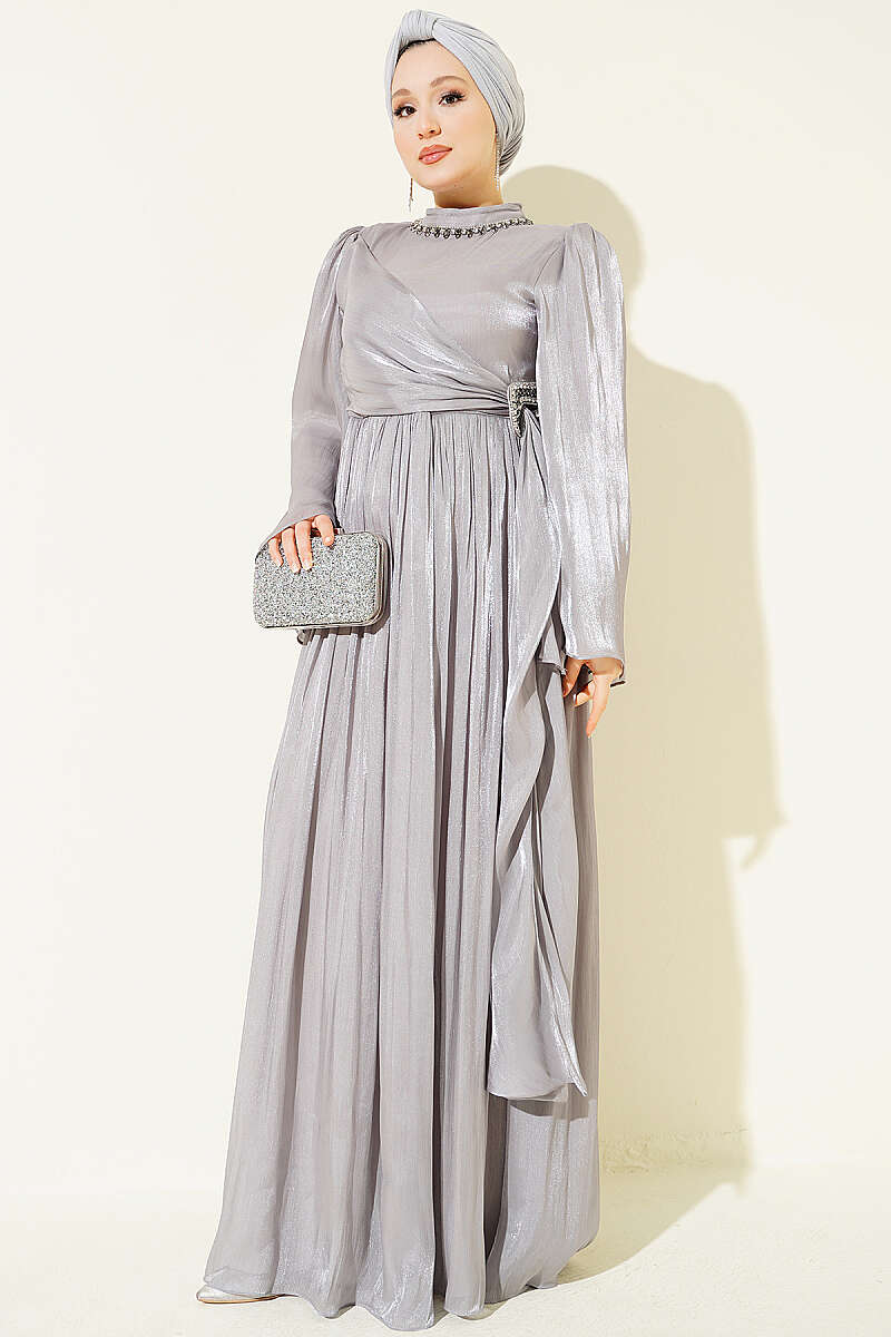 Chiffon Dress with Embellished Collar - Grey