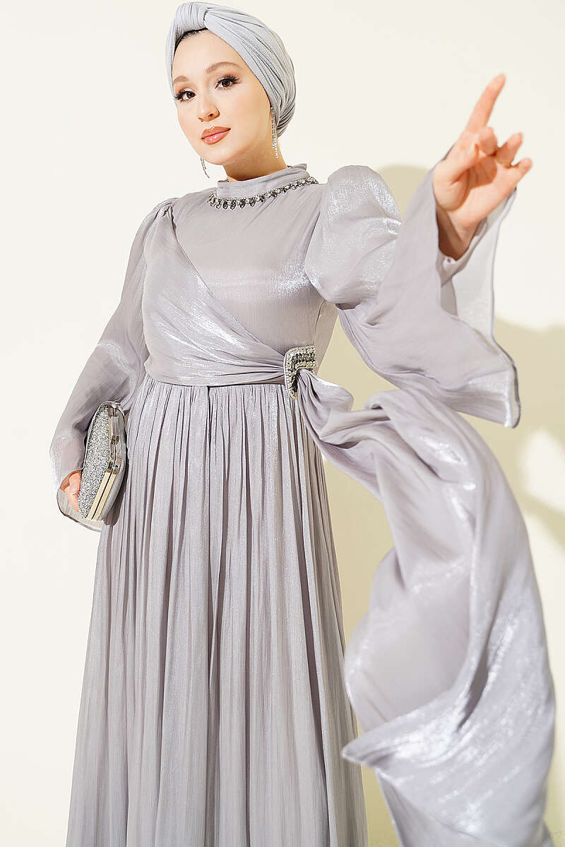 Chiffon Dress with Embellished Collar - Grey