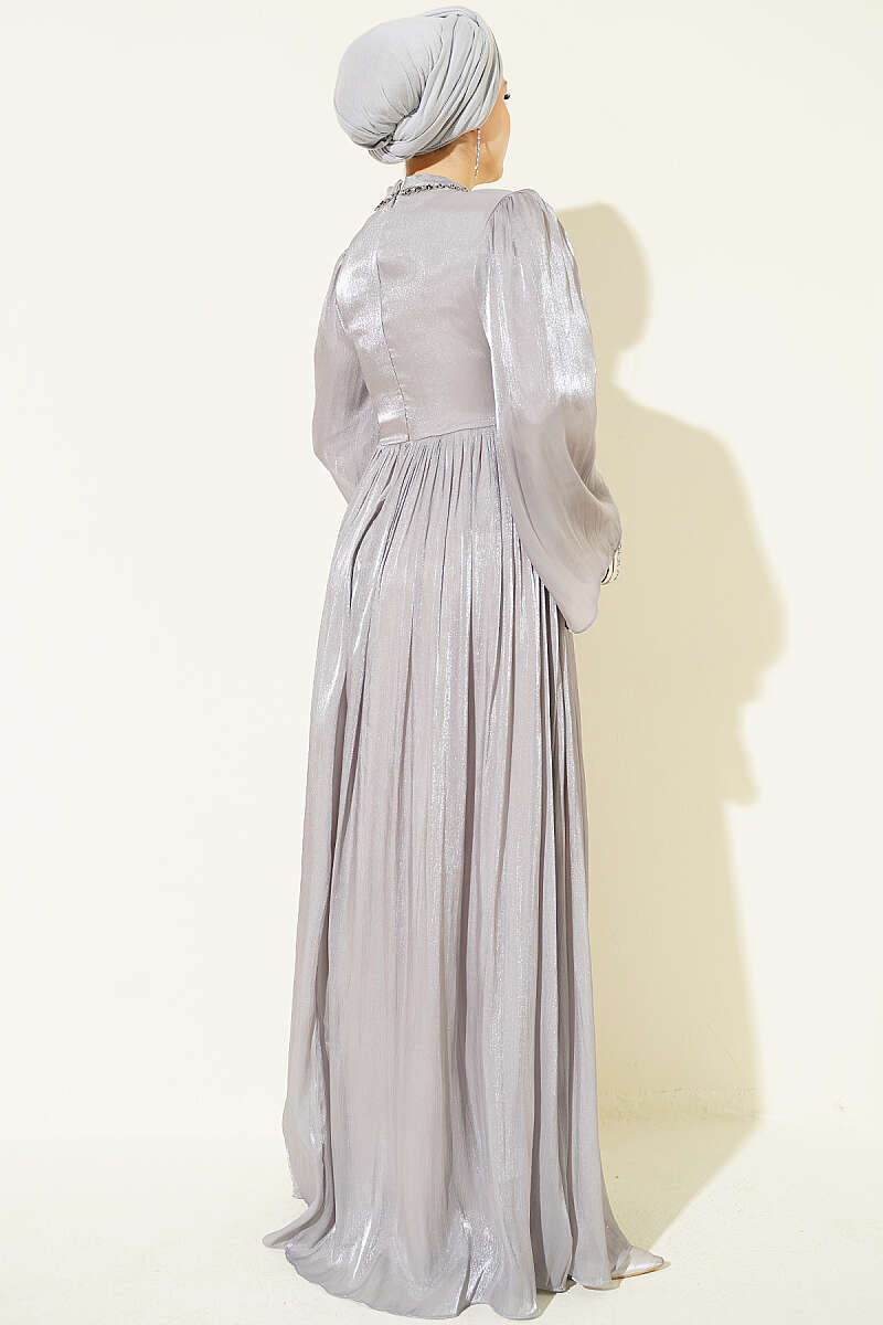 Chiffon Dress with Embellished Collar - Grey