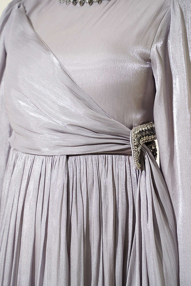 Chiffon Dress with Embellished Collar - Grey