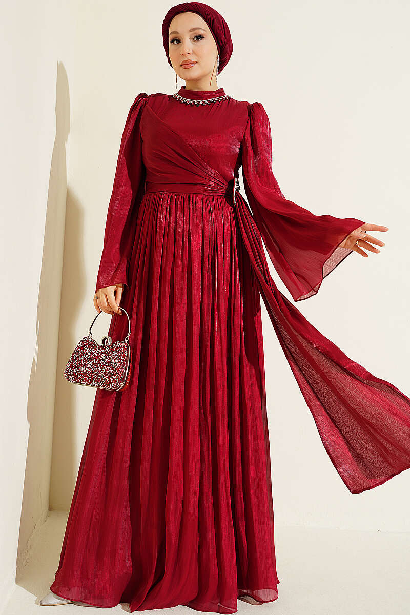 Chiffon Dress with Embellished Collar - Red