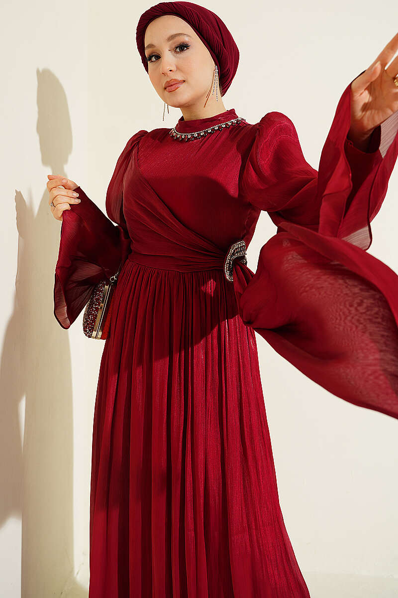 Chiffon Dress with Embellished Collar - Red