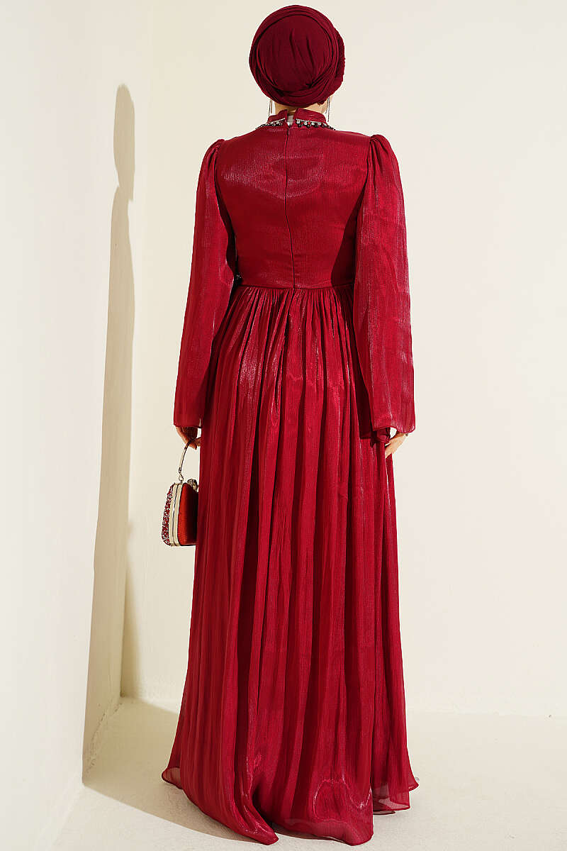 Chiffon Dress with Embellished Collar - Red