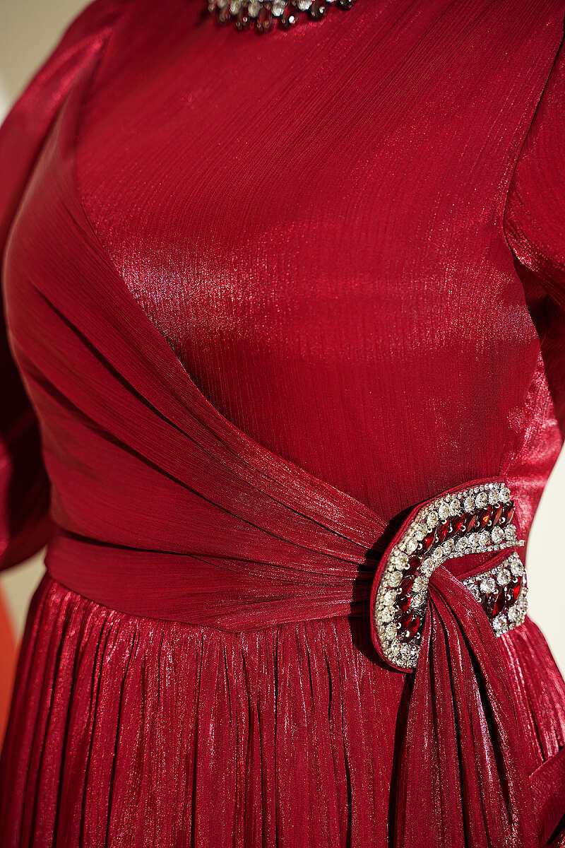 Chiffon Dress with Embellished Collar - Red