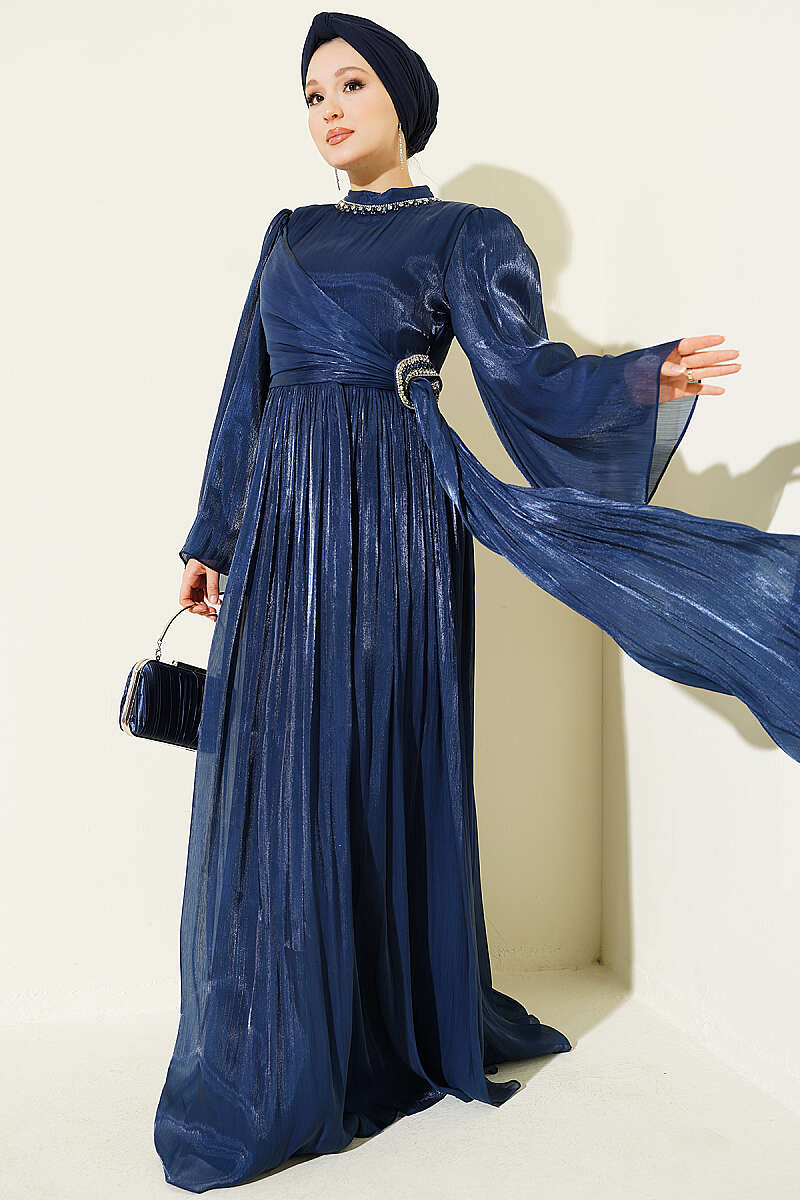 Chiffon Dress with Embellished Collar - Navy