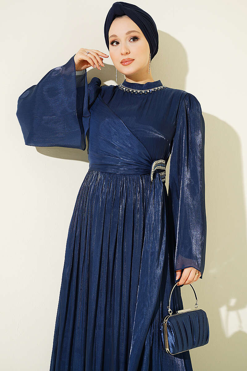 Chiffon Dress with Embellished Collar - Navy