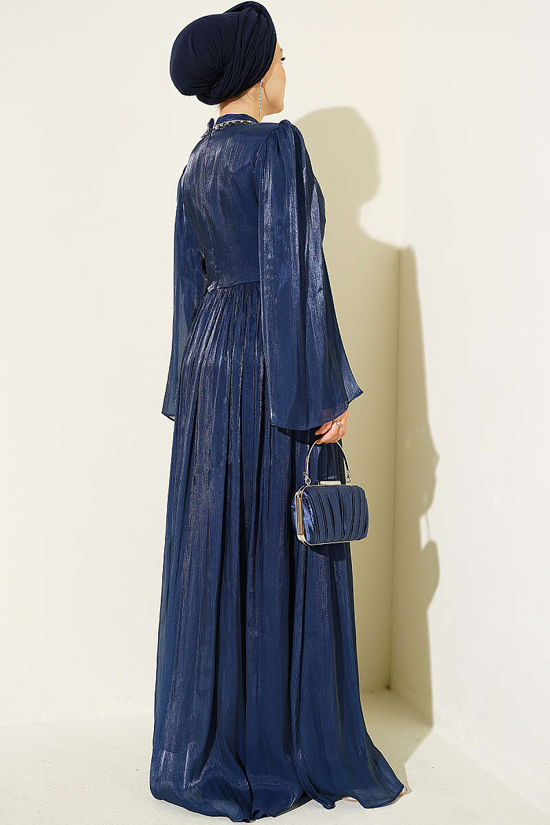 Chiffon Dress with Embellished Collar - Navy