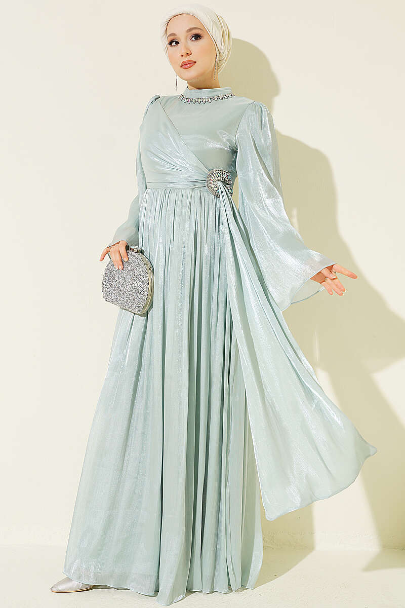 Chiffon Dress with Embellished Collar - Mint