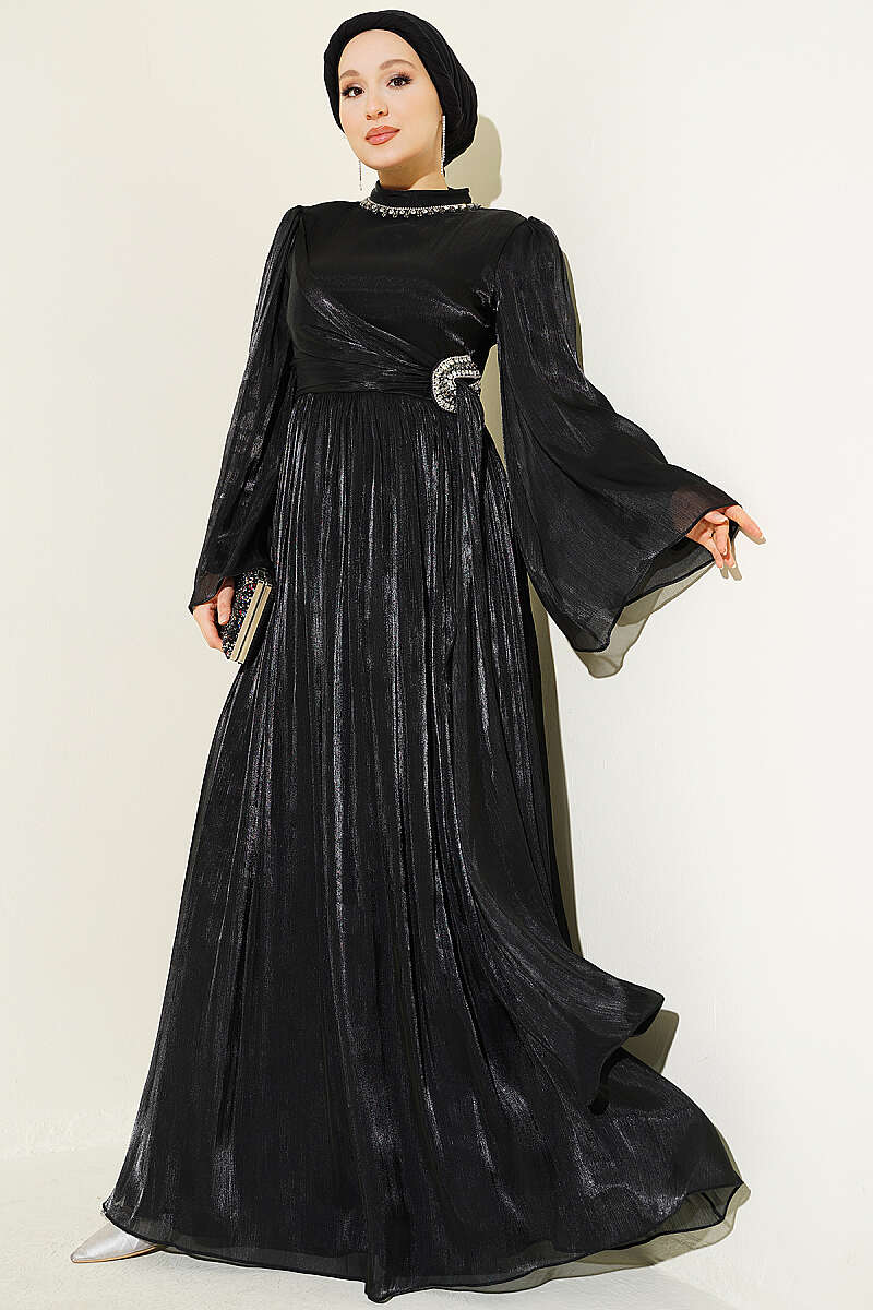 Chiffon Dress with Embellished Collar - Black