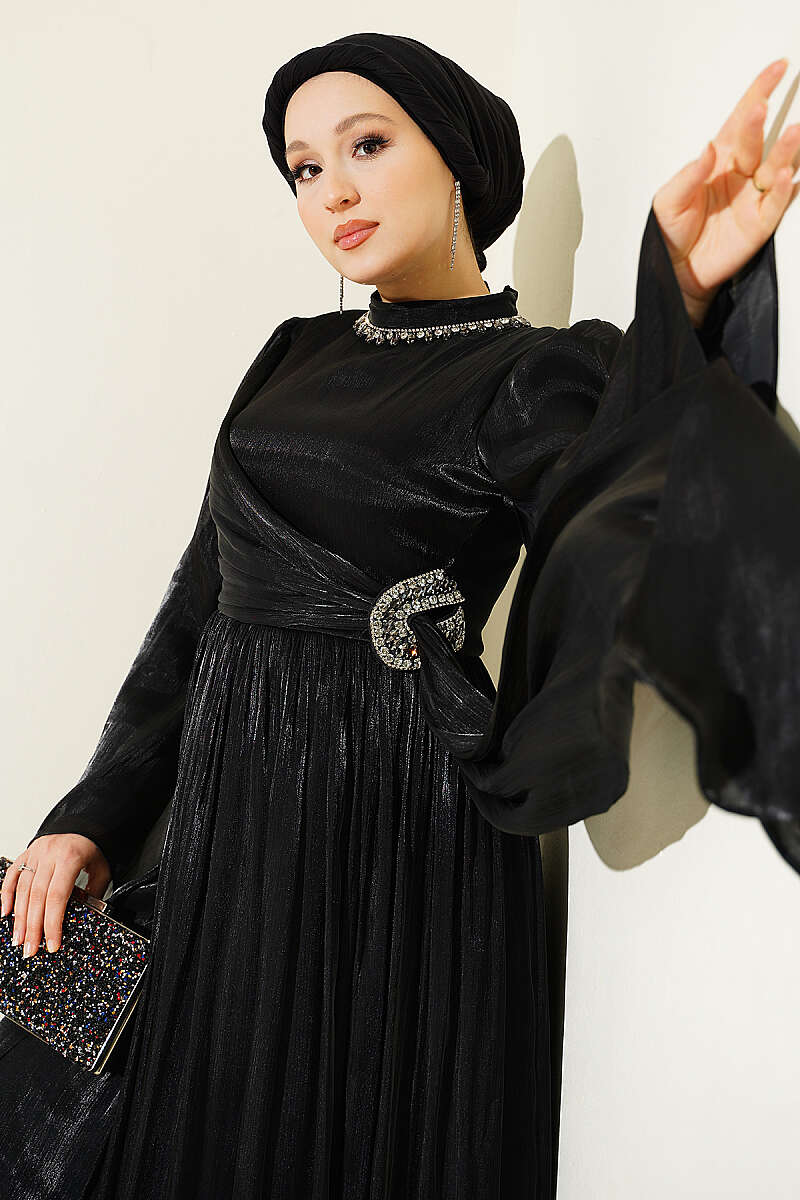 Chiffon Dress with Embellished Collar - Black