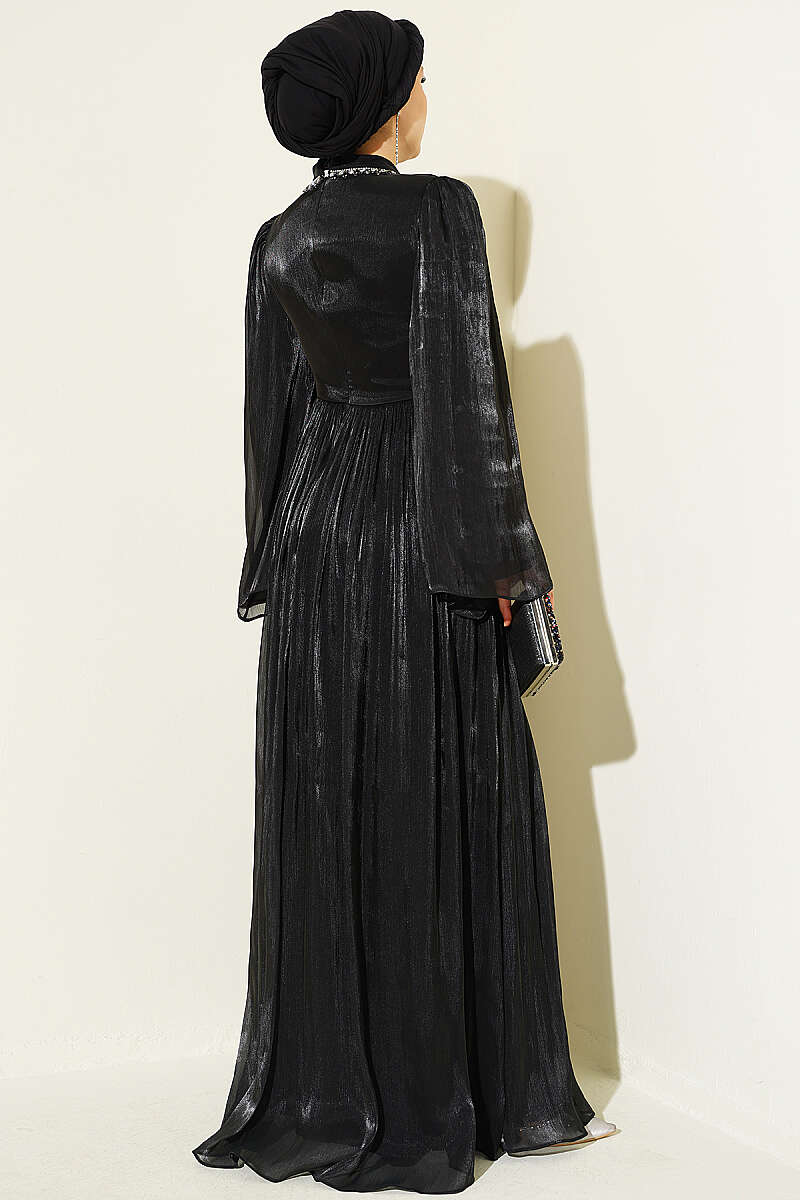 Chiffon Dress with Embellished Collar - Black