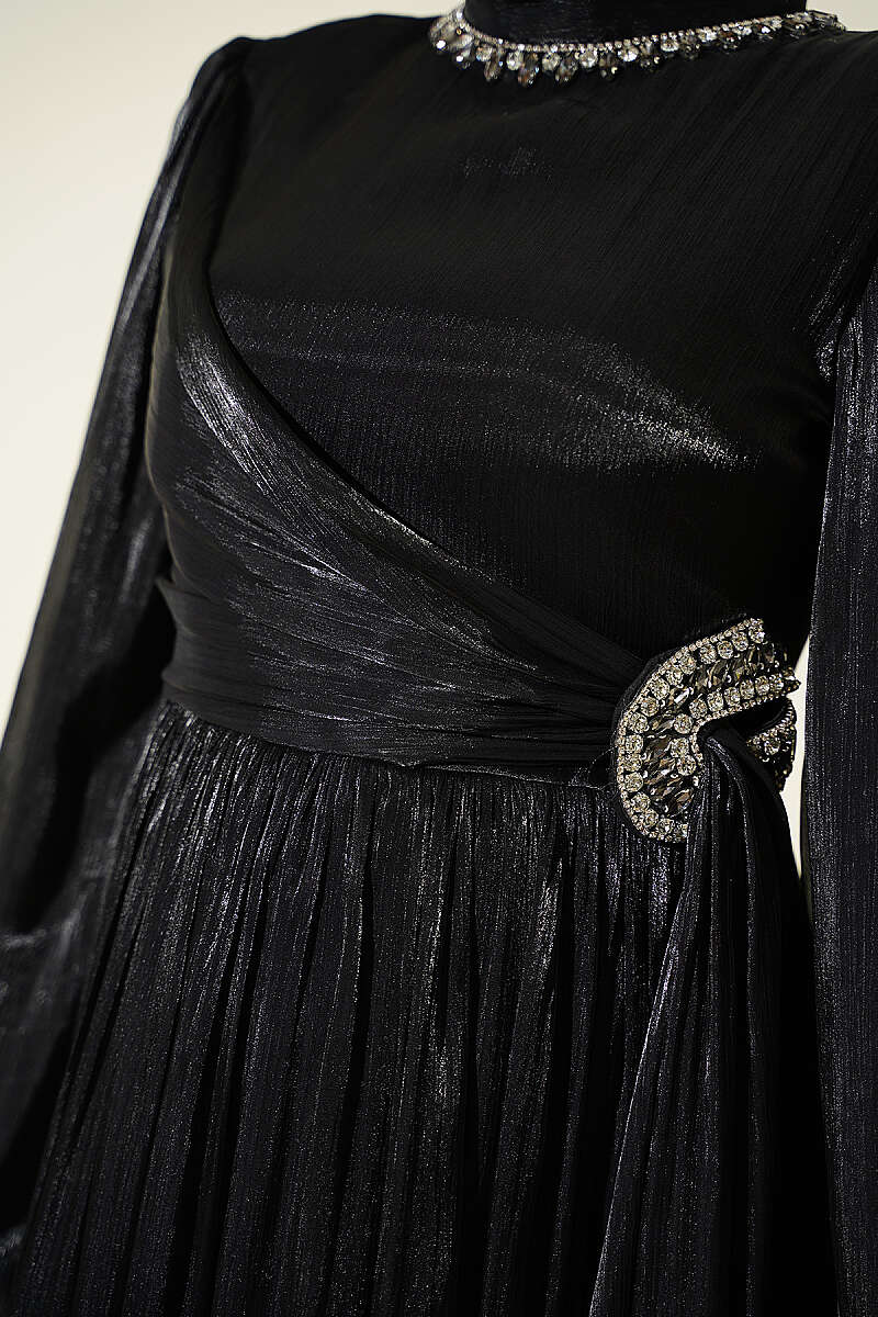 Chiffon Dress with Embellished Collar - Black