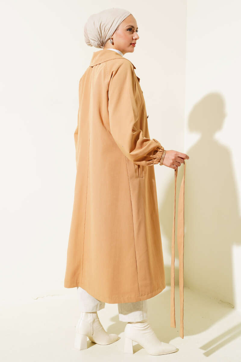 Lined Trench Coat with Stone Collar - Camel
