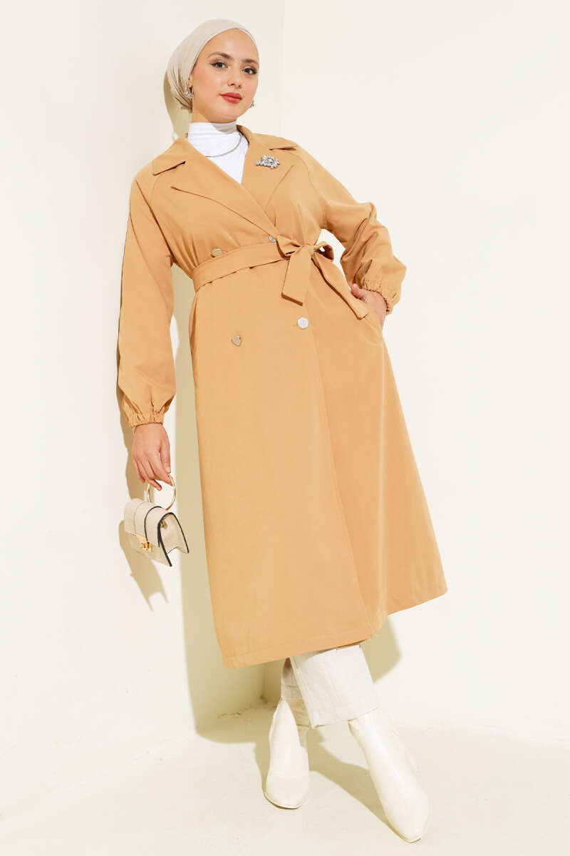 Lined Trench Coat with Stone Collar - Camel