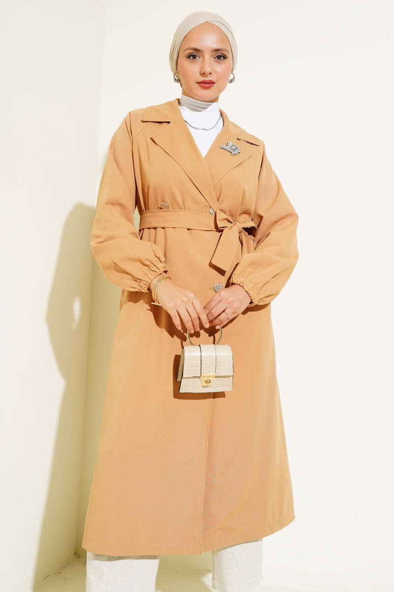 Lined Trench Coat with Stone Collar - Camel