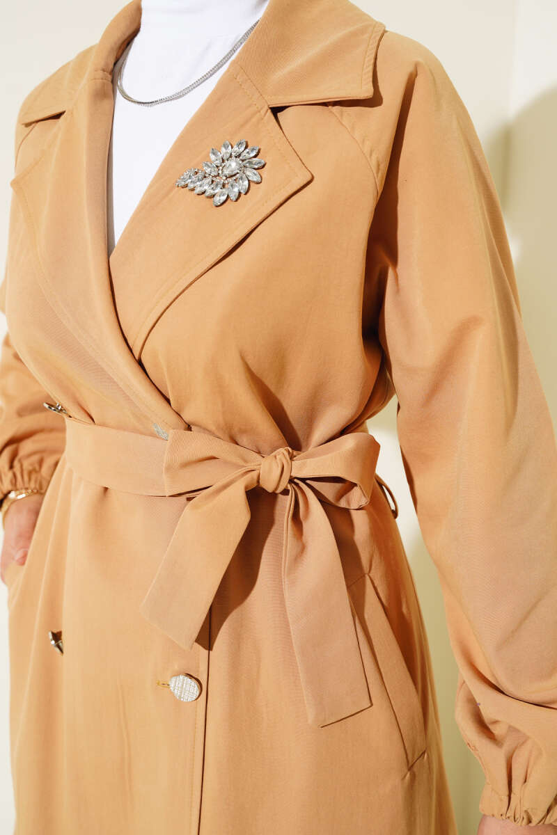 Lined Trench Coat with Stone Collar - Camel