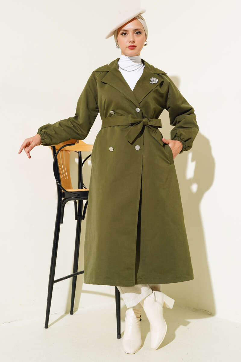 Lined Trench Coat with Stone Collar - Khaki