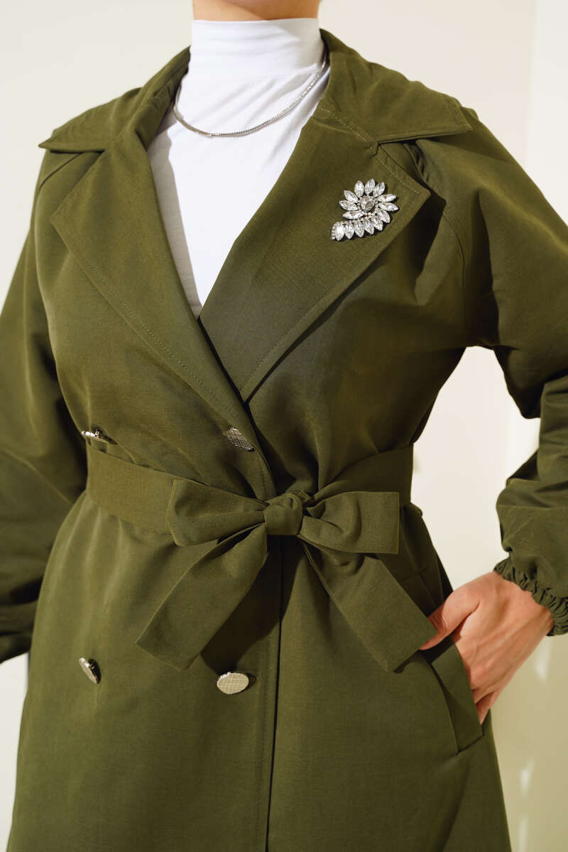 Lined Trench Coat with Stone Collar - Khaki