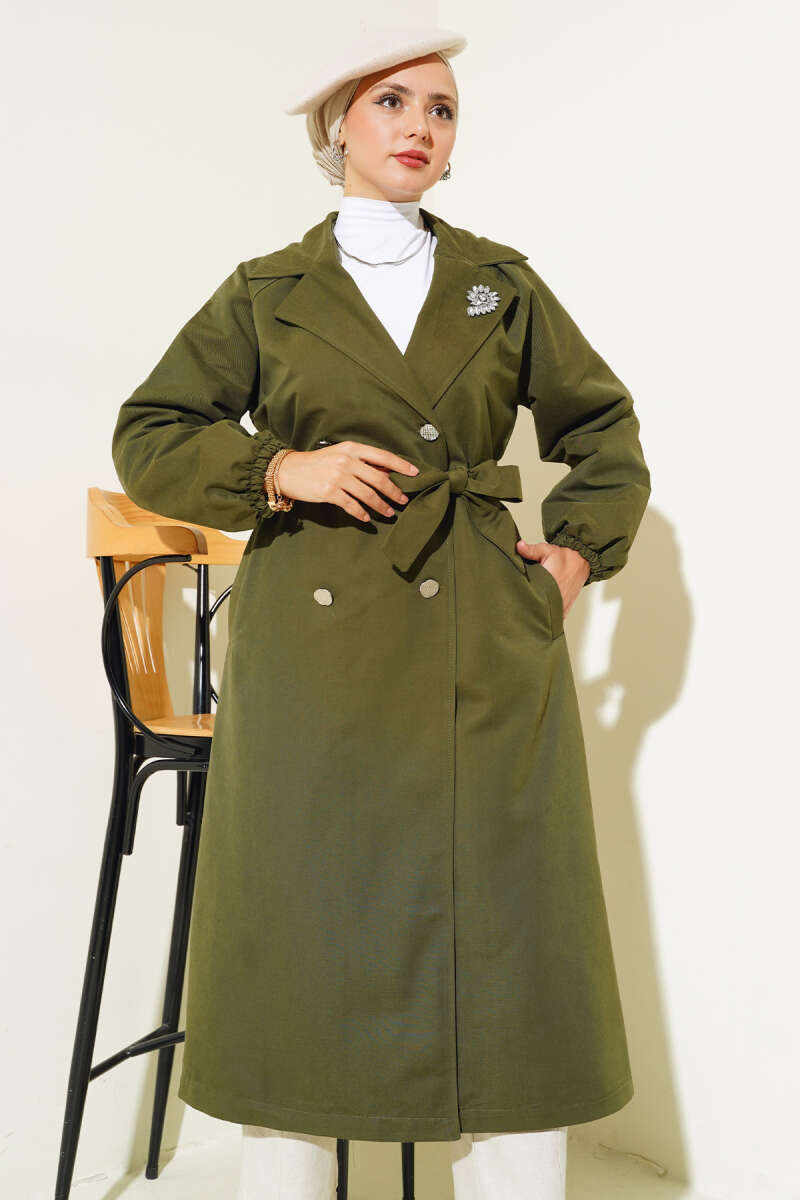 Lined Trench Coat with Stone Collar - Khaki
