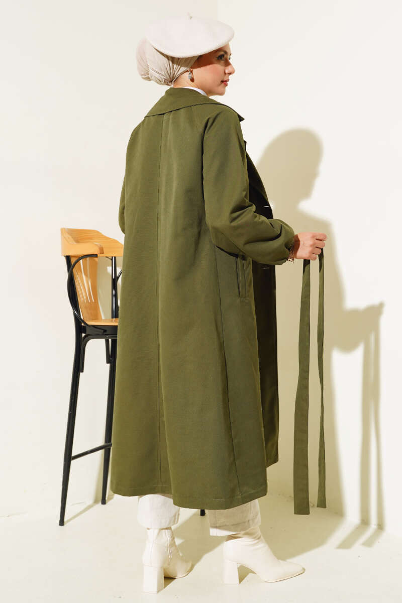 Lined Trench Coat with Stone Collar - Khaki