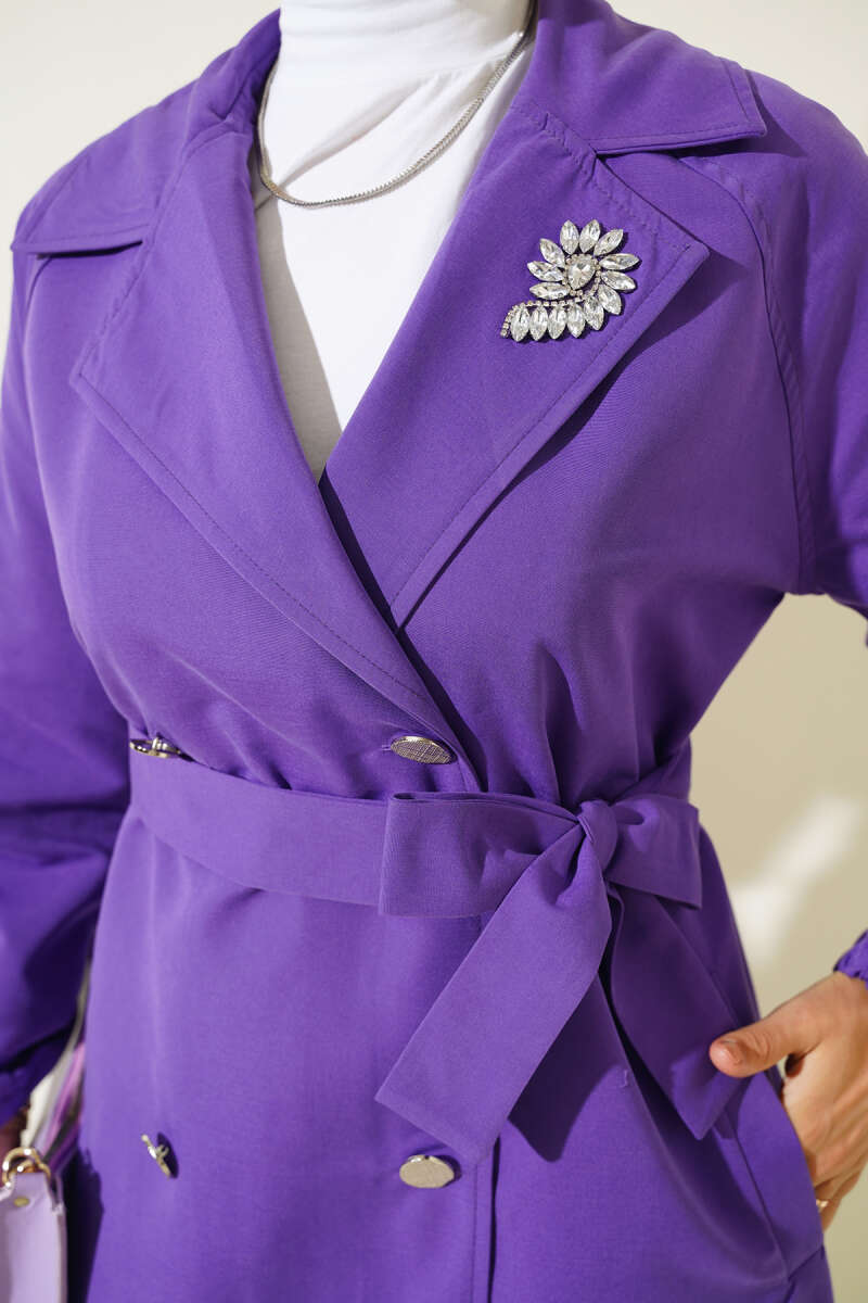 Lined Trench Coat with Stone Collar - Purple